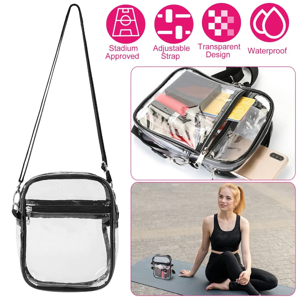 Clear stadium-approved crossbody bag with adjustable strap and waterproof design, showcasing contents like cosmetics and personal items.