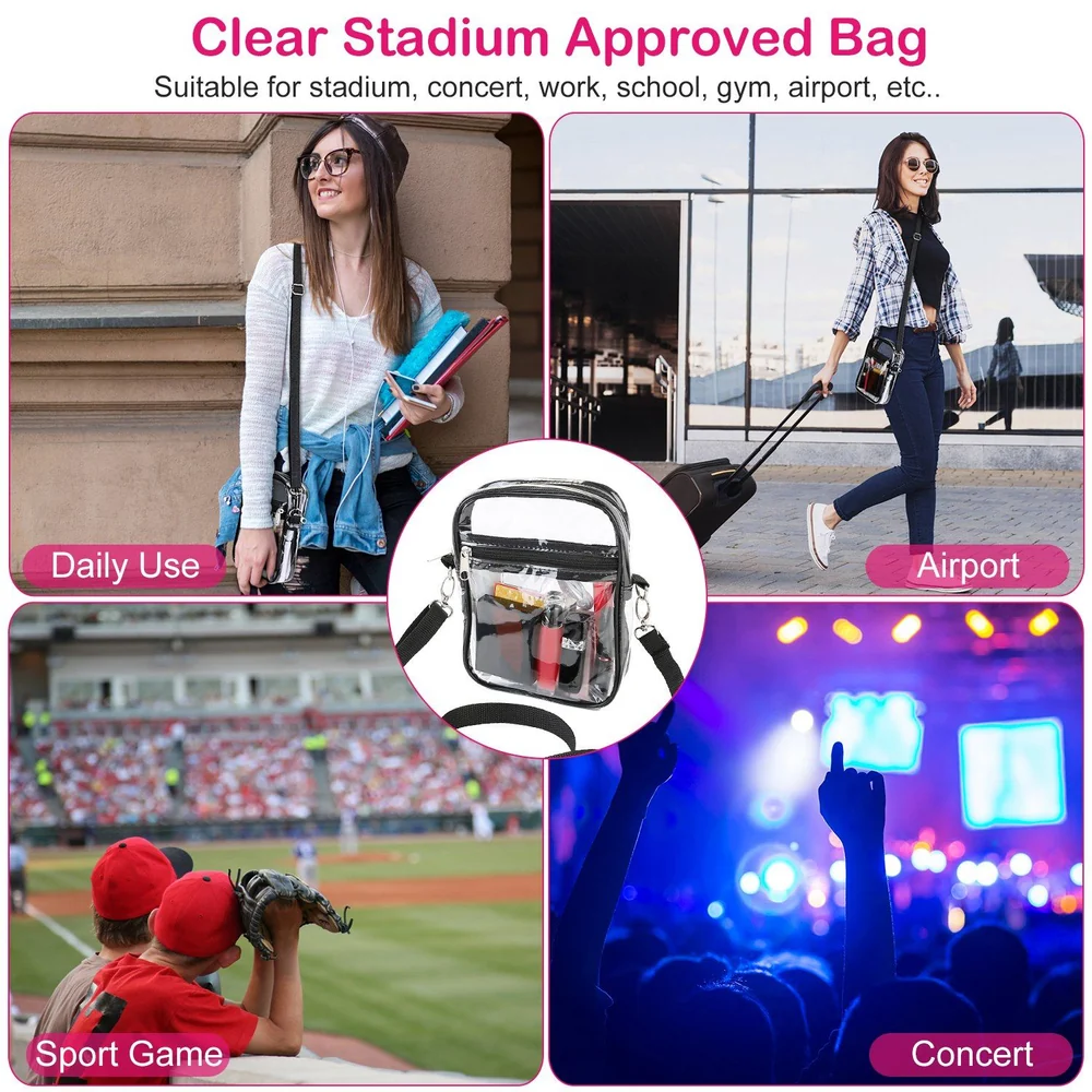 Clear stadium-approved bag displayed among various scenarios including daily use, travel at an airport, attending a sports game, and enjoying a concert, highlighting its versatility for any event.