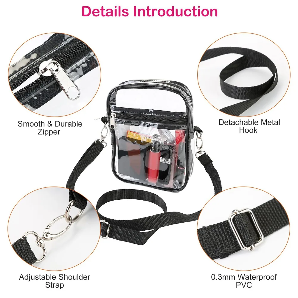 Clear mini crossbody bag with adjustable shoulder strap, smooth durable zipper, and detachable metal hook, featuring a waterproof PVC design.