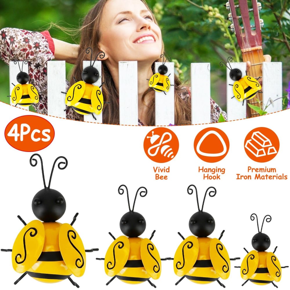 Decorative bee garden ornaments, vibrant yellow and black design, perfect for outdoor decor, set of 4, made from premium iron materials, featuring hanging hooks for easy display.