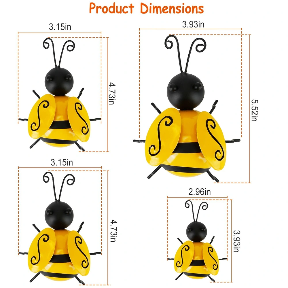 Colorful bee figurines with dimensions labeled: yellow and black design, showcasing sizes of 3.15in, 3.93in, 4.73in, and 5.52in to illustrate product scale.