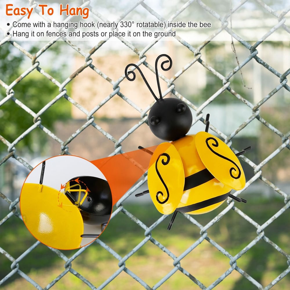 Colorful hanging bee decoration with rotatable hook, perfect for gardens or fences.