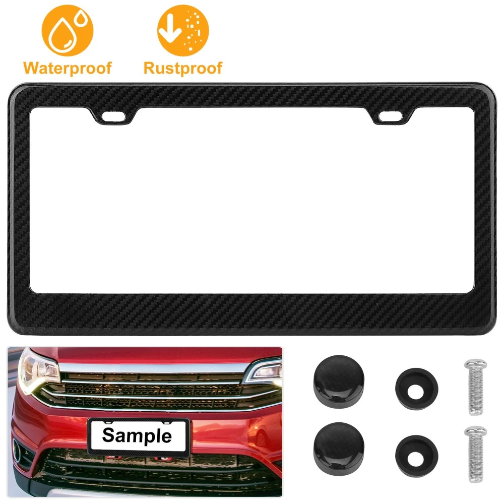 Carbon fiber style license plate frame, waterproof and rustproof design, includes mounting accessories and features an image of a car with a plate.