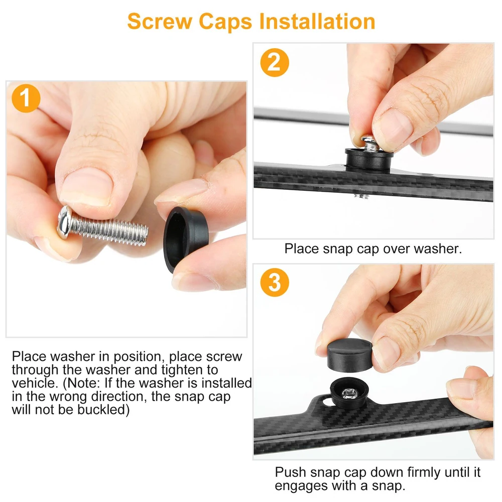 Screw cap installation guide showing step-by-step instructions for placing a washer, attaching a screw, and snapping a cap onto a vehicle component.