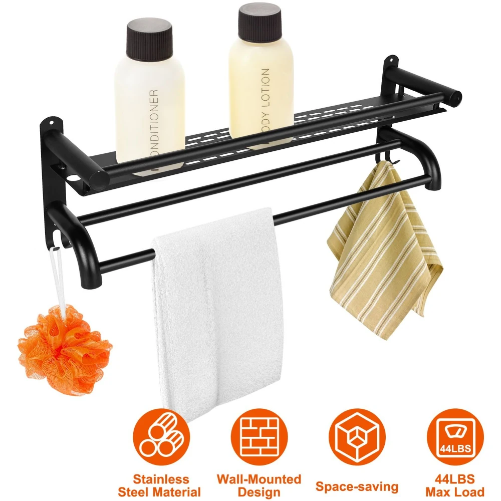 Wall-mounted stainless steel towel and lotion rack with two storage bottles, featuring a space-saving design and a maximum load capacity of 44 lbs.