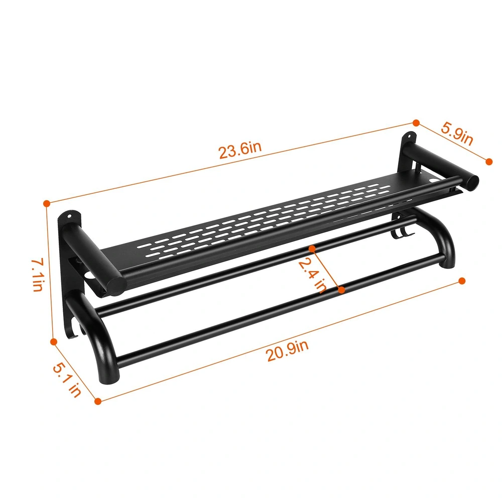 Black wall-mounted shoe rack with adjustable dimensions, featuring a perforated top and dual bars for additional storage, designed for efficient organization in small spaces.