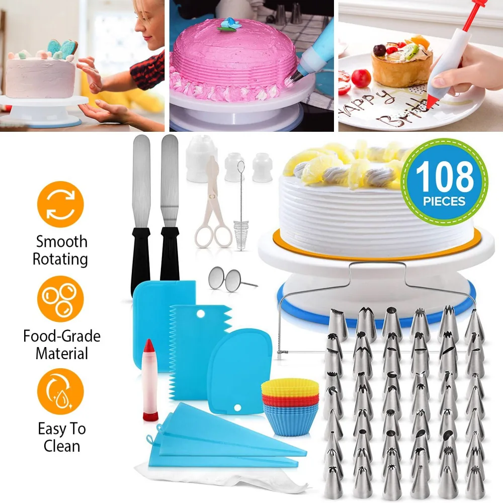 108-piece cake decorating kit featuring a smooth rotating cake turntable, spatulas, piping bags, decorating tips, and accessories for easy cake crafting and decorating. Ideal for bakers of all skill levels.