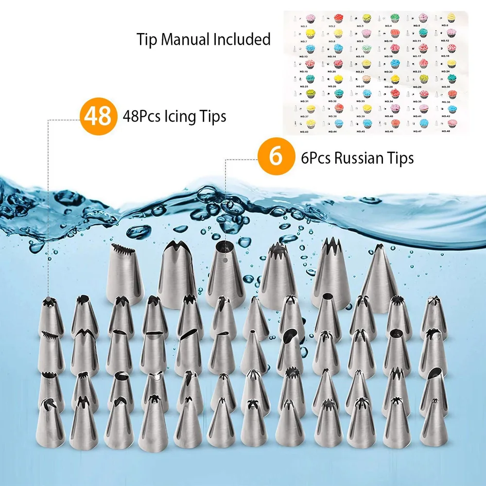 Set of 48 stainless steel icing tips and 6 Russian cake decorating tips with included tip manual, submerged in water.