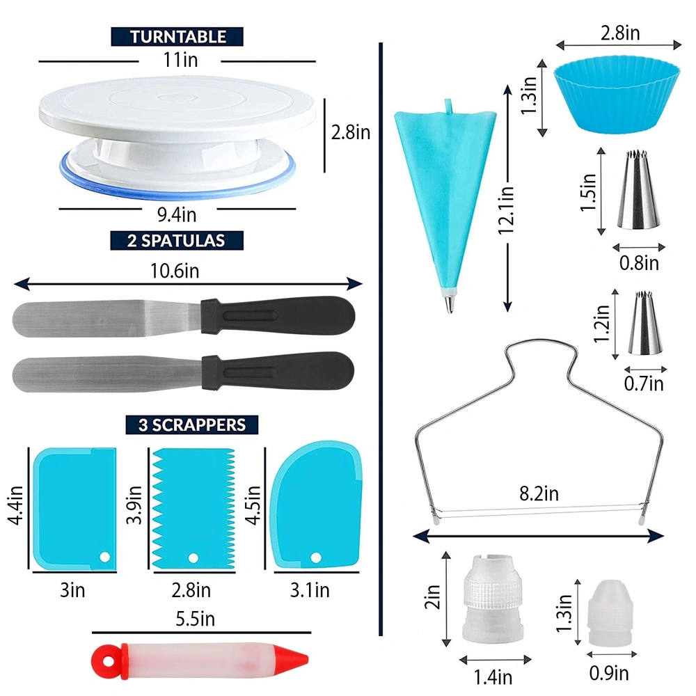 Cake decorating tool set including a turntable, spatulas, scrapers, piping bag, silicone cups, and various nozzles, with measurement labels for each item.