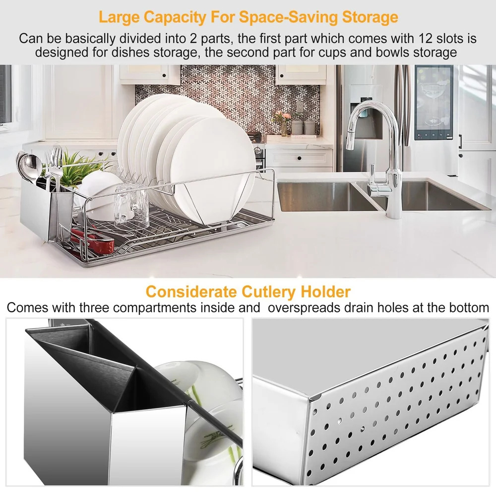 Stainless steel dish drying rack with plates, cups, and a cutlery holder, designed for space-saving kitchen organization.