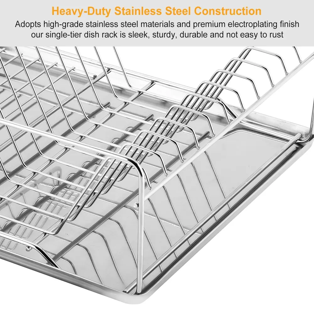 Heavy-duty stainless steel dish rack with a sleek design, featuring sturdy wire construction and a premium electroplating finish, ideal for drying dishes and preventing rust.