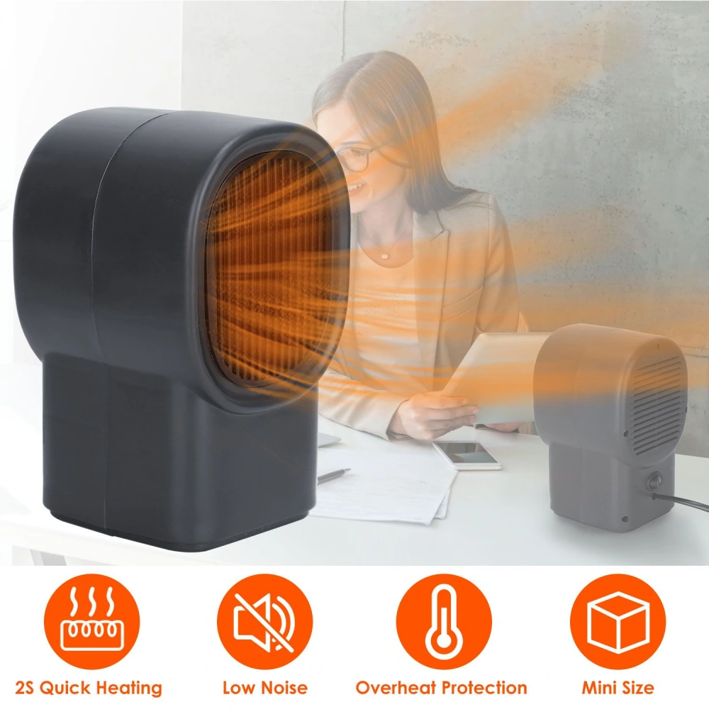 Compact mini heater with quick heating in 2 seconds, low noise operation, and built-in overheating protection, ideal for personal workspace use.