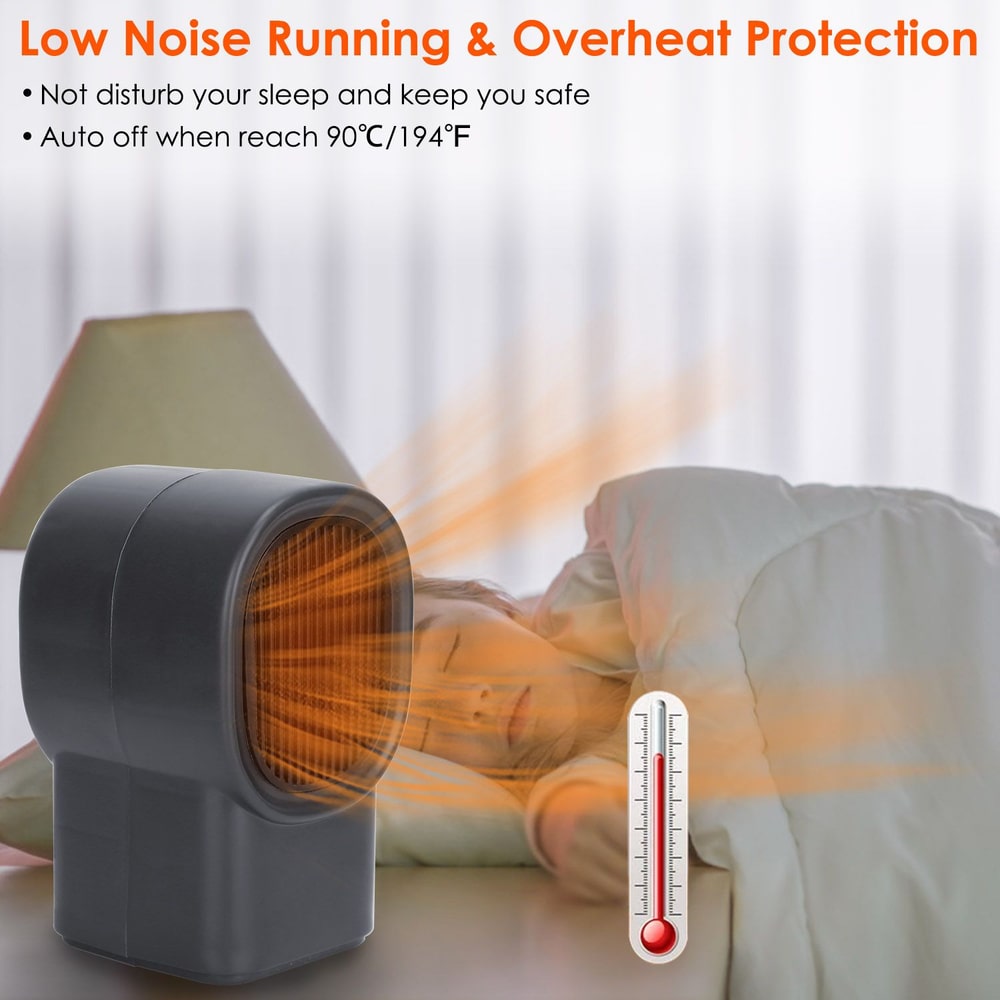 Compact black space heater with low noise operation and overheat protection, illuminating warm air towards a peaceful sleeper, promoting restful sleep and safety features.