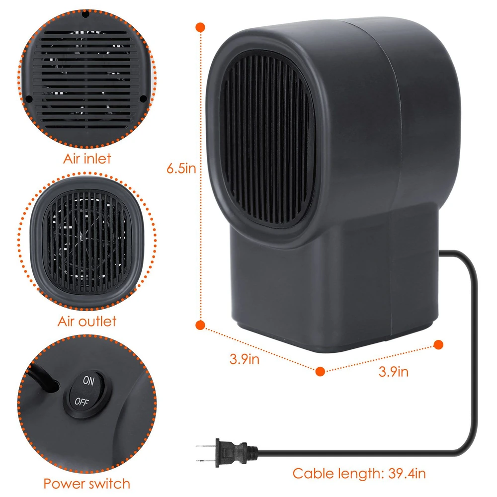Compact black mini fan with air inlet, air outlet, power switch, and 39.4-inch cable length, measuring 6.5 inches tall and 3.9 inches wide.