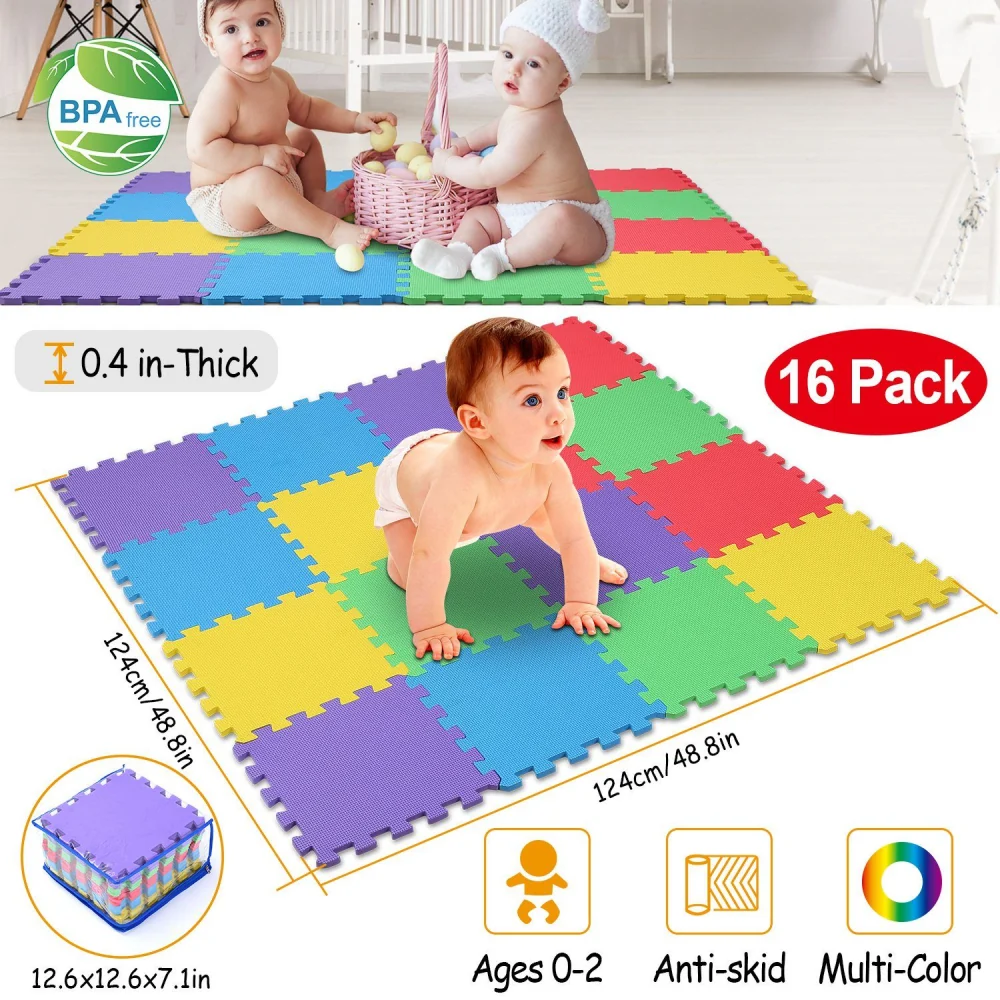 Colorful interlocking foam play mat for infants, featuring 16 pieces, 0.4 inches thick, anti-skid, BPA-free, ideal for ages 0-2, promoting safe play and exploration.