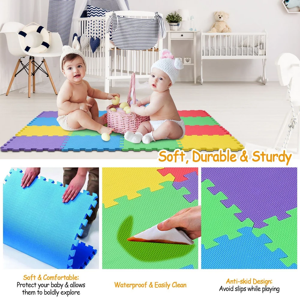 Colorful interlocking foam play mat for babies, featuring non-slip, waterproof design for safety and easy cleaning, displayed in a bright nursery setting with two babies playing.