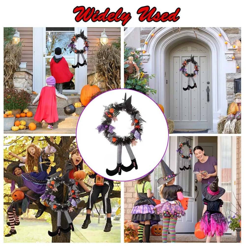 Halloween-themed wreath featuring black and orange decorations, witch hat, and striped legs, displayed in various festive settings with children in costumes and pumpkins. Perfect for door decor during the Halloween season.