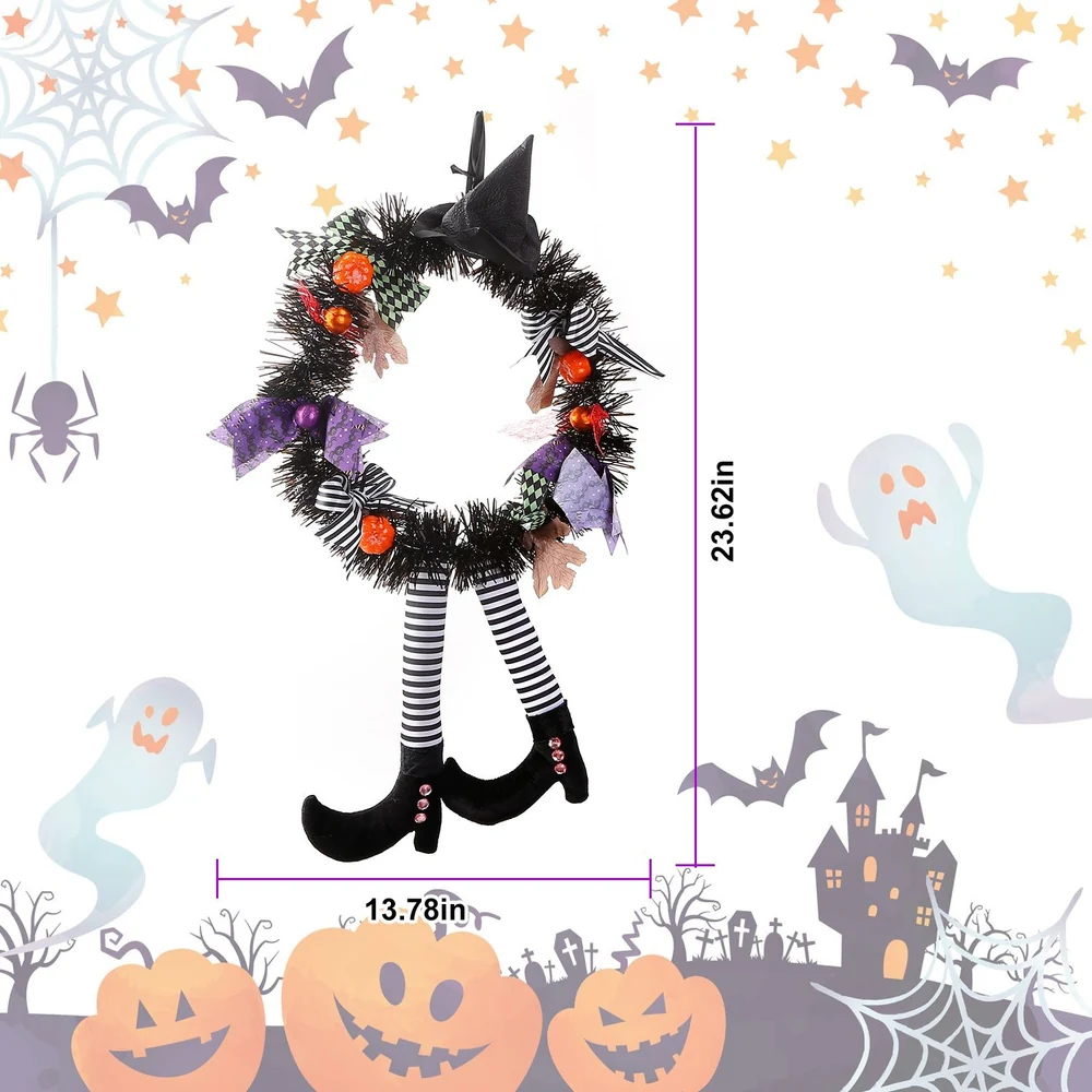 Halloween witch-themed decorative wreath featuring a black tinsel base, orange and purple embellishments, and whimsical striped legs with black shoes, measuring 23.62 inches tall and 13.78 inches wide.