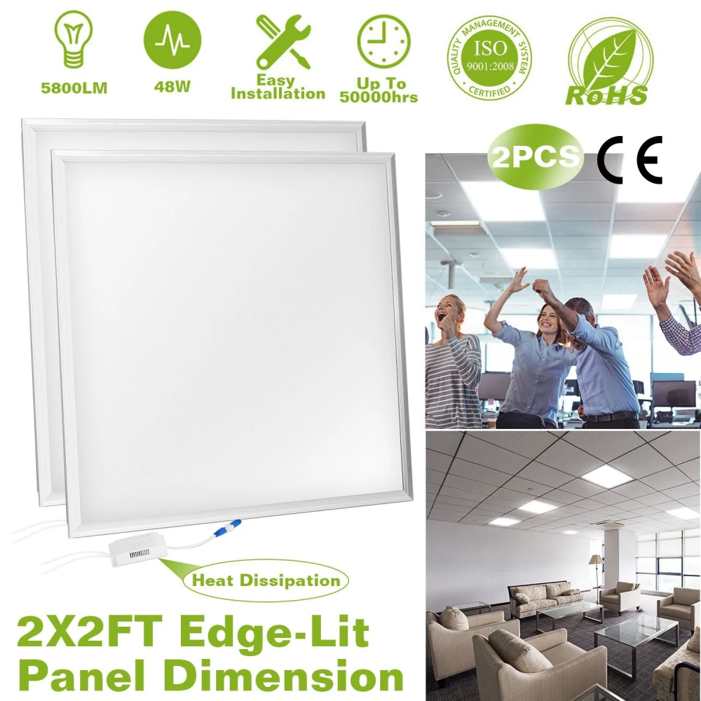 Set of two 2x2ft edge-lit LED panel lights featuring 5800 lumens brightness, 48W power consumption, easy installation, long-lasting up to 50,000 hours, and excellent heat dissipation, ideal for office and commercial spaces.