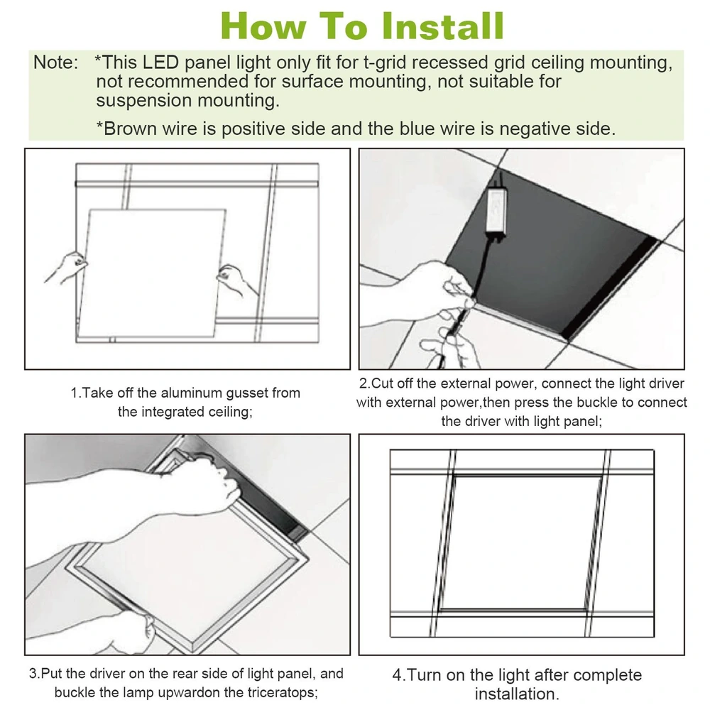 Step-by-step installation guide for LED panel light, showing wiring connections, light placement, and safety notes.