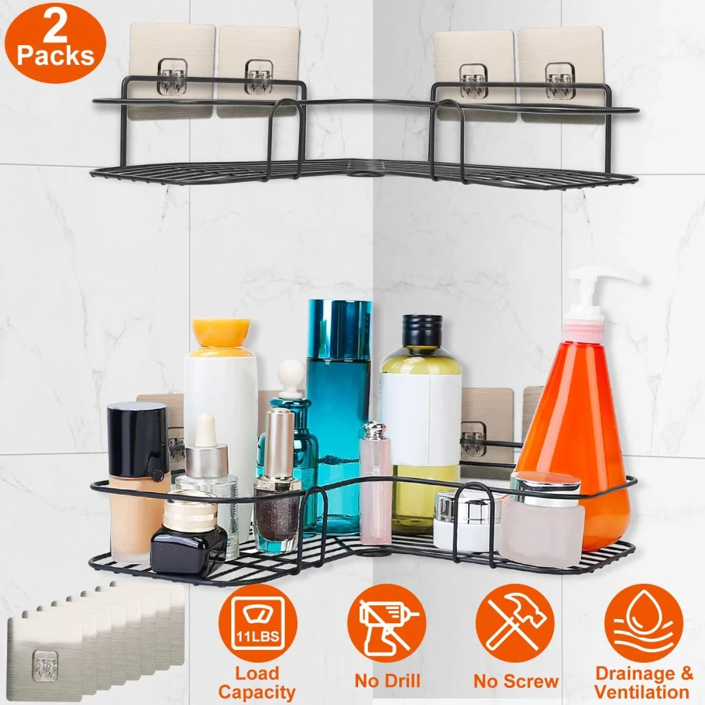 Black corner shower shelf organizer with various cosmetic and shower products, designed for easy installation without drilling, featuring two packs that support up to 11 lbs, ideal for bathroom storage.