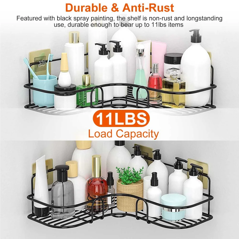 Black corner shelf organizer displaying various beauty and hygiene products, highlighting its durable anti-rust design and 11 lbs load capacity.