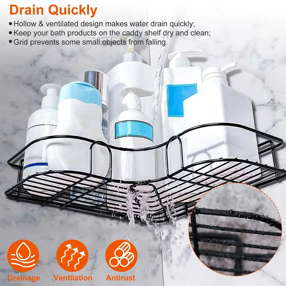 Black shower caddy shelf with drainage holes, holding various white and blue bath products, showcasing a functional design for ventilation and preventing small items from falling.
