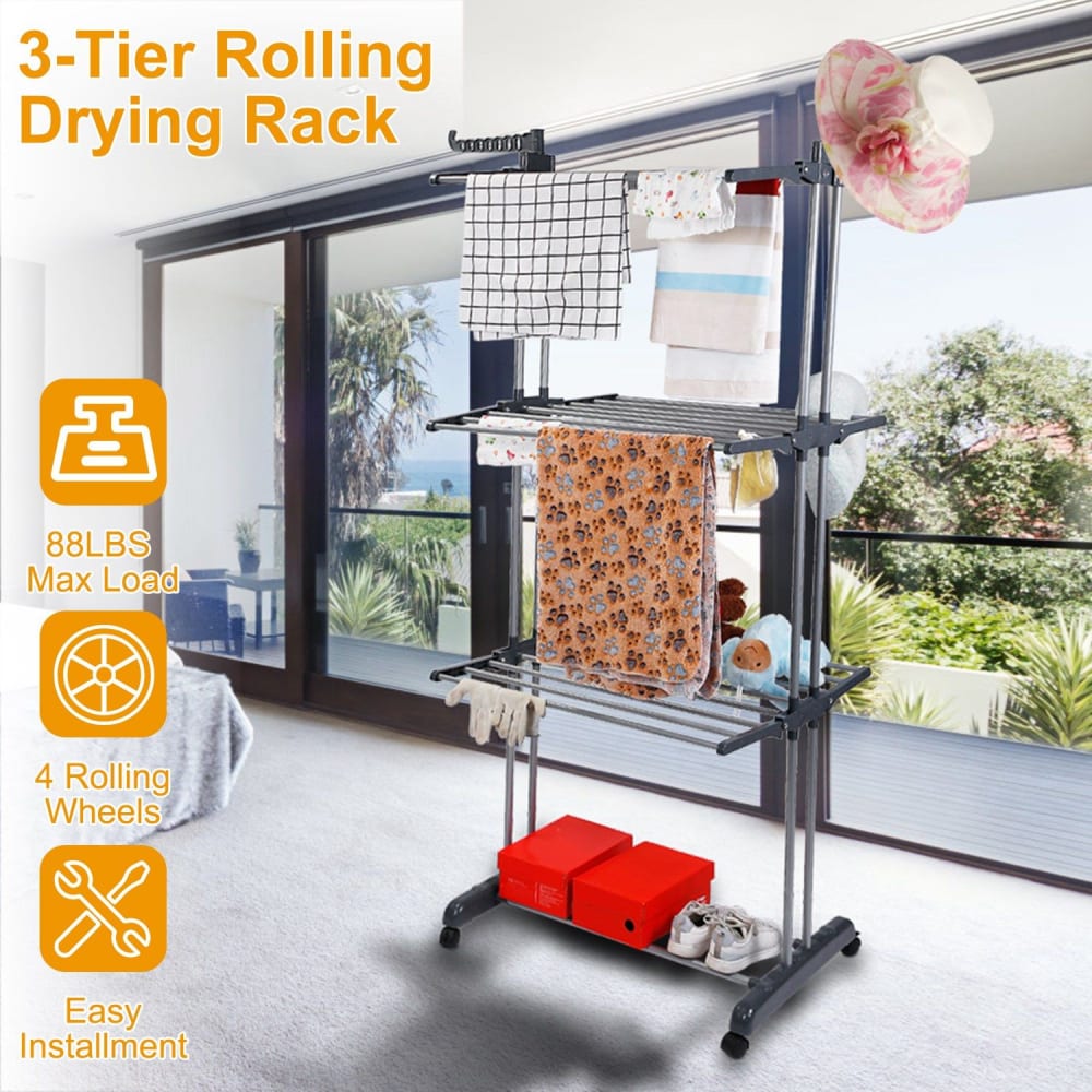 3-tier rolling drying rack with 88 lbs max load capacity, featuring 4 rolling wheels for easy mobility, designed for convenient installation and effective drying of clothes and towels indoors.