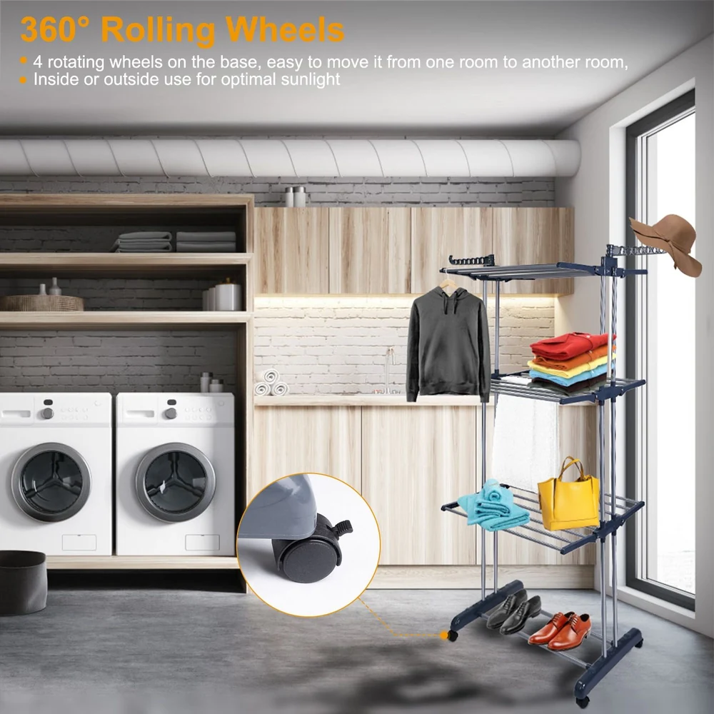 Rolling clothes rack with 360° wheels, featuring multiple shelves for organization and easy mobility between rooms; ideal for indoor and outdoor use.