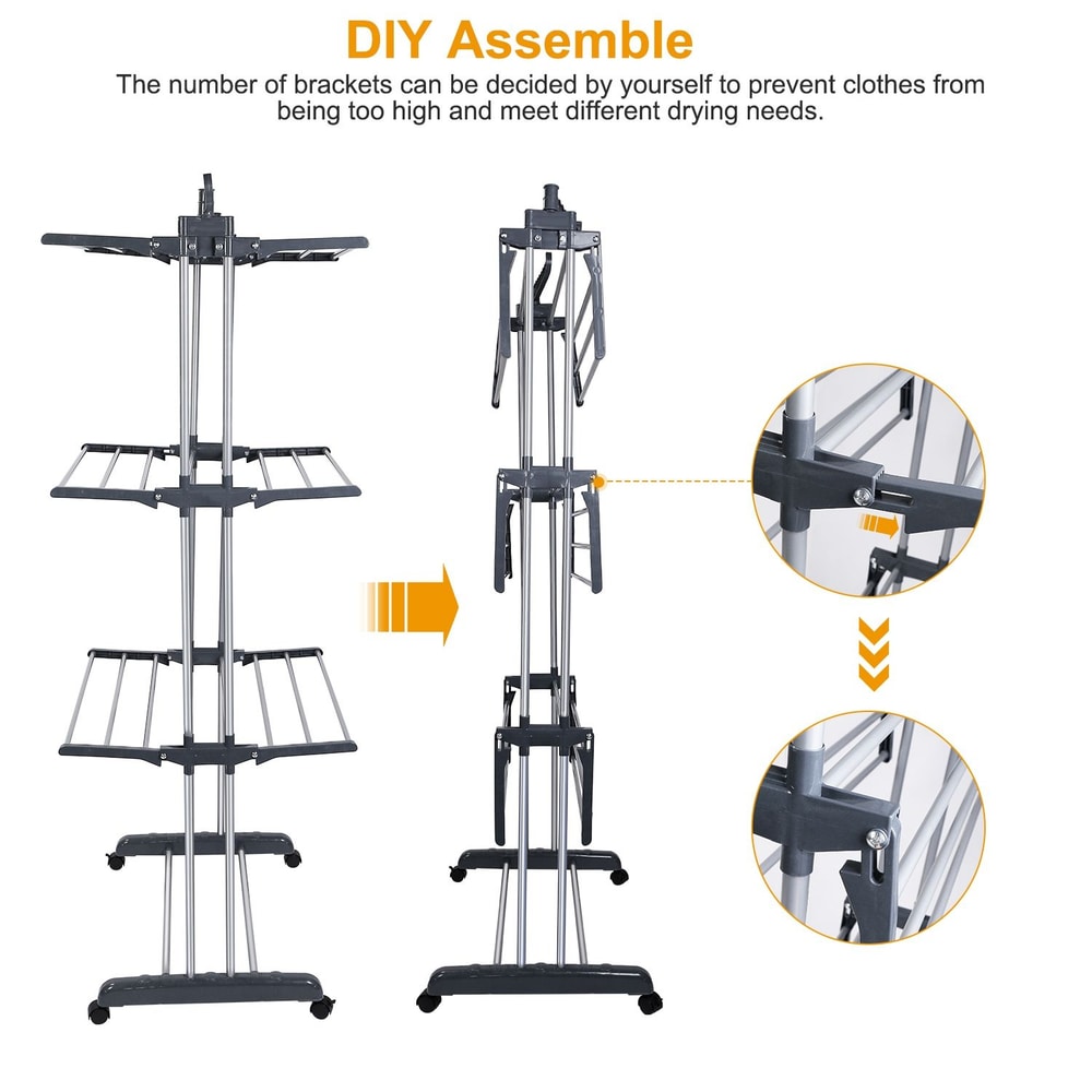Adjustable DIY clothes drying rack with multiple brackets for customizable drying heights and rolling wheels for easy mobility.