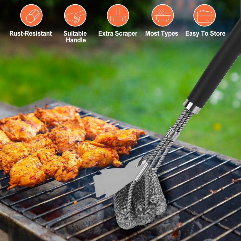 Grill spatula with stainless steel design and durable handle, featuring grilled chicken pieces on a barbecue, highlighting rust-resistance and easy storage.