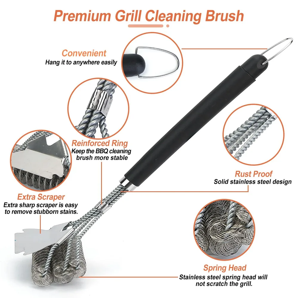 Premium grill cleaning brush featuring a rust-proof stainless steel design, reinforced ring for stability, extra scraper for tough stains, and a convenient hanging loop for easy storage.