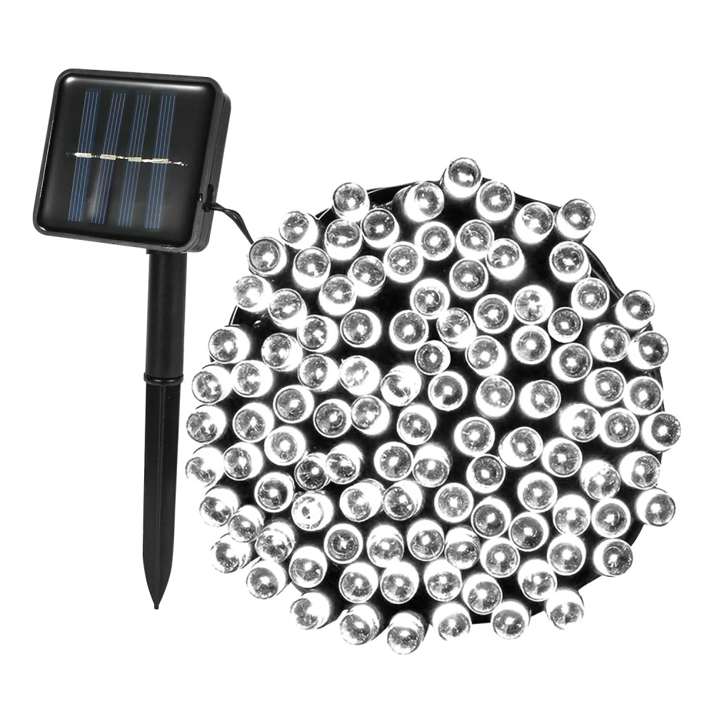 Solar-powered LED string lights with a solar panel and stake, ideal for outdoor decoration and lighting.