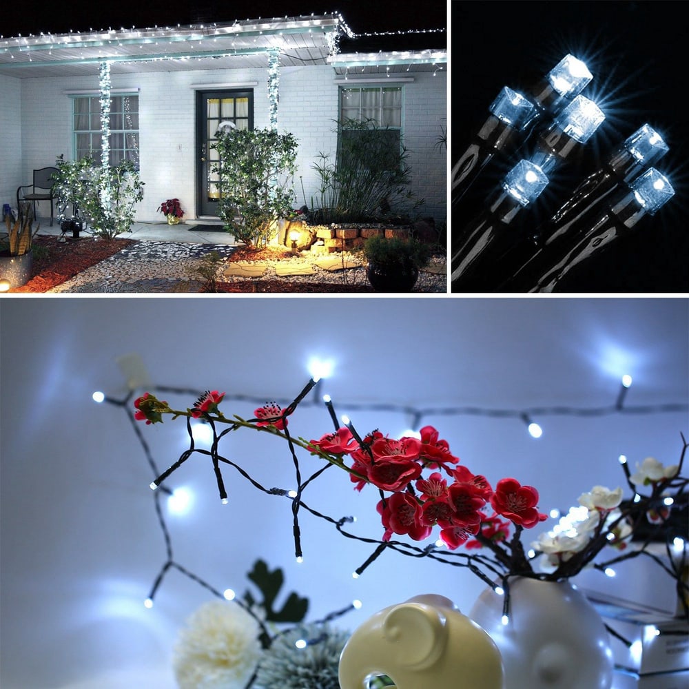 Twinkling white LED string lights adorning a cozy house entrance, with a close-up of illuminated lights intertwined with floral decorations, perfect for festive outdoor and indoor decor.