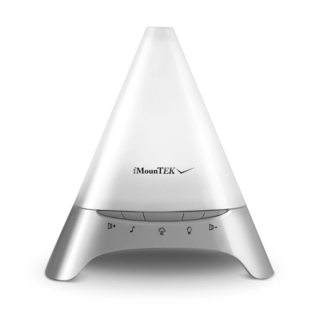 iMounTEK aromatherapy diffuser with a sleek triangular design and control buttons for sound, light, and mist options