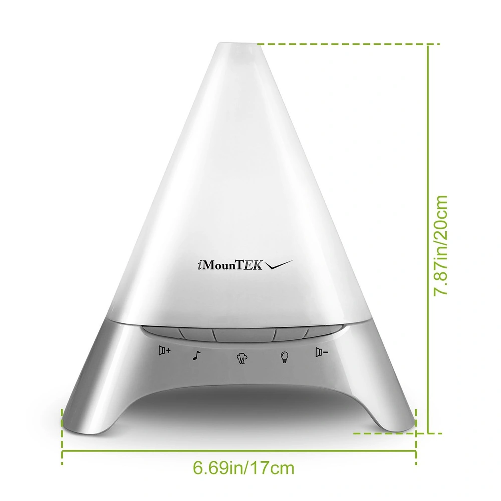 iMounTEK aroma diffuser with a modern white triangular design, measuring 7.87 inches tall and 6.69 inches wide, featuring user-friendly control buttons for mist, light, and music options.