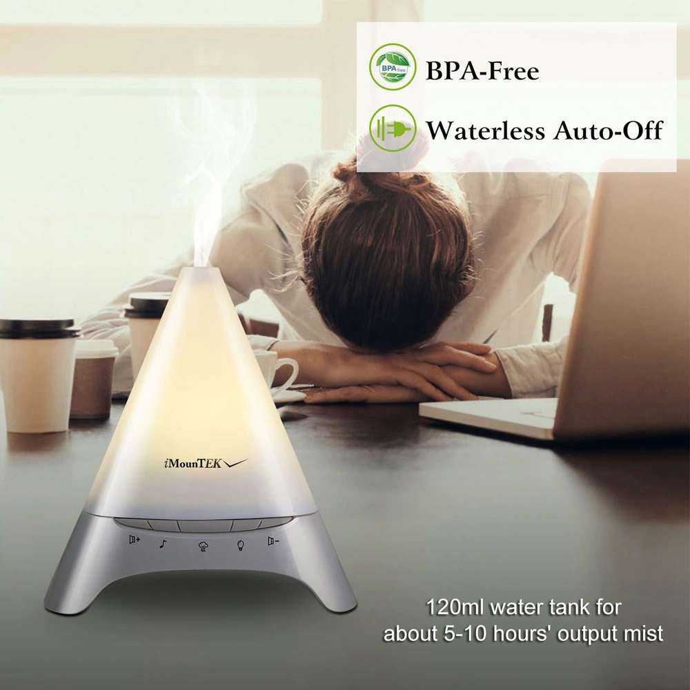 BPA-free iMounTEK aromatherapy diffuser with waterless auto-off feature, 120ml water tank for 5-10 hours of mist output, set against a serene workspace background.