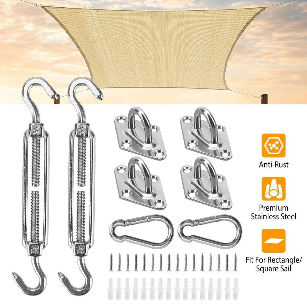 Stainless steel shade sail hardware kit including adjustable turnbuckles, hooks, and mounting brackets for outdoor use, anti-rust and durable, perfect for securing square or rectangle shade sails.