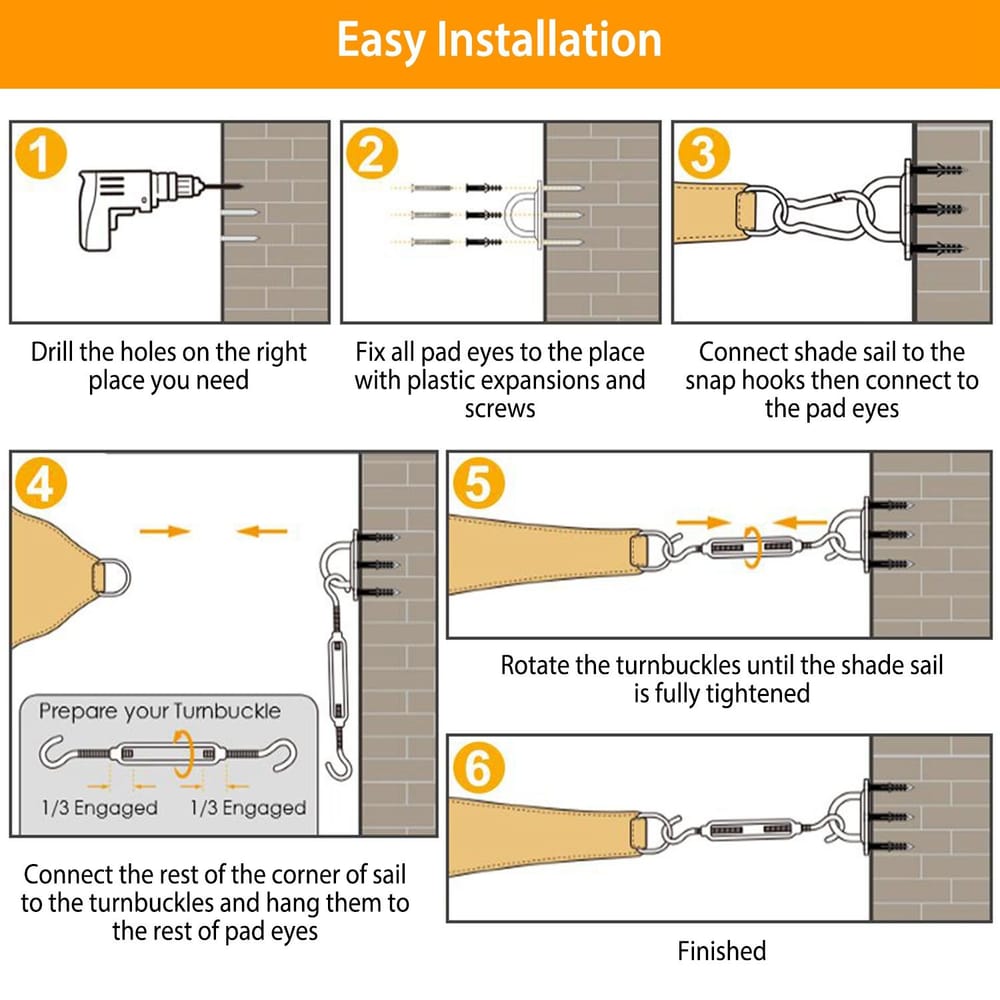 Instructional diagram for easy installation of a shade sail, showcasing six steps: drilling holes, fixing pad eyes, connecting the shade sail to snap hooks, preparing turnbuckles, tightening the sail, and completing the installation.
