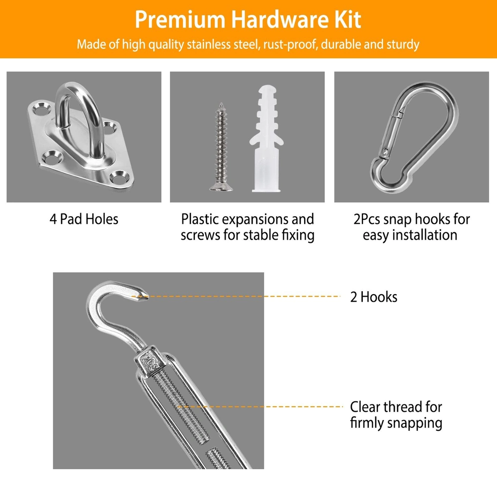 Premium stainless steel hardware kit with snap hooks, pad hole base, screws, and plastic expansions for easy assembly and stable installation.
