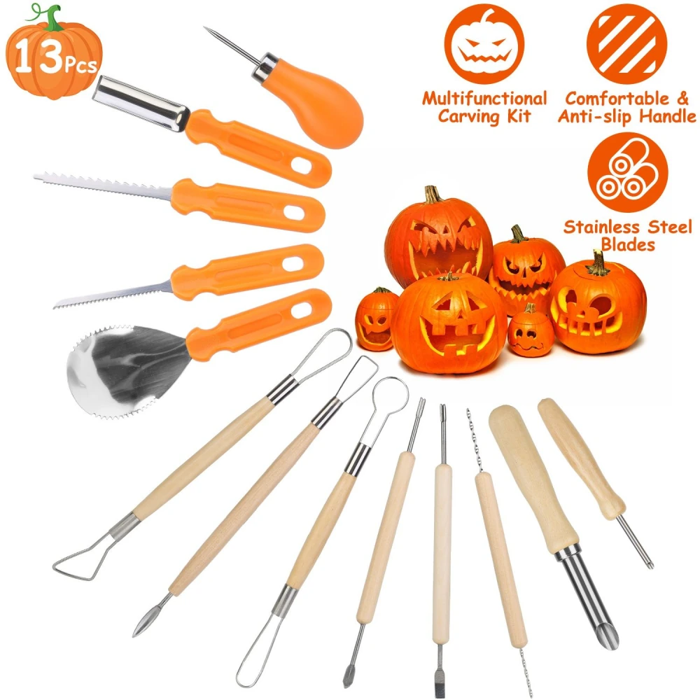 13-piece pumpkin carving kit featuring ergonomic orange handles, stainless steel blades, and various tools for detailed carving, accompanied by beautifully carved jack-o'-lanterns.
