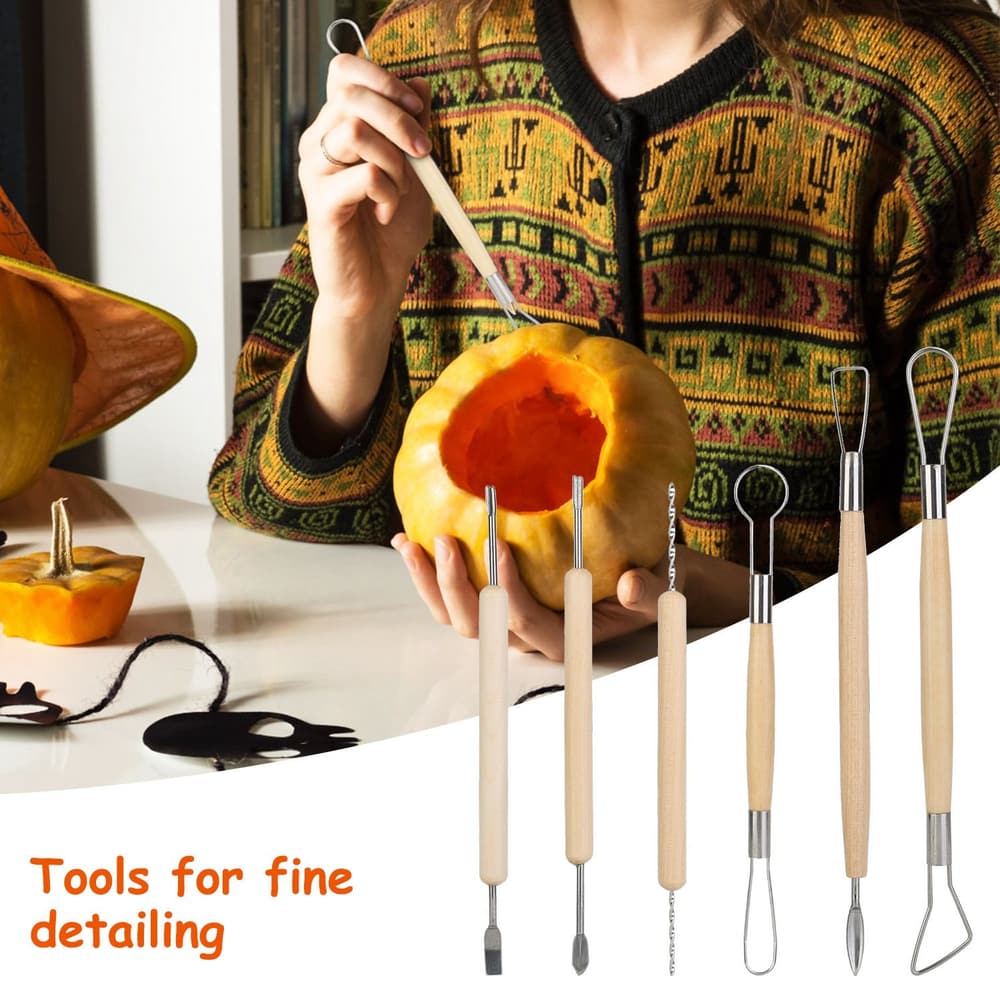 A person using fine detailing tools to carve a pumpkin, showcasing a set of six carving tools with wooden handles, ideal for Halloween decorations and creative projects.