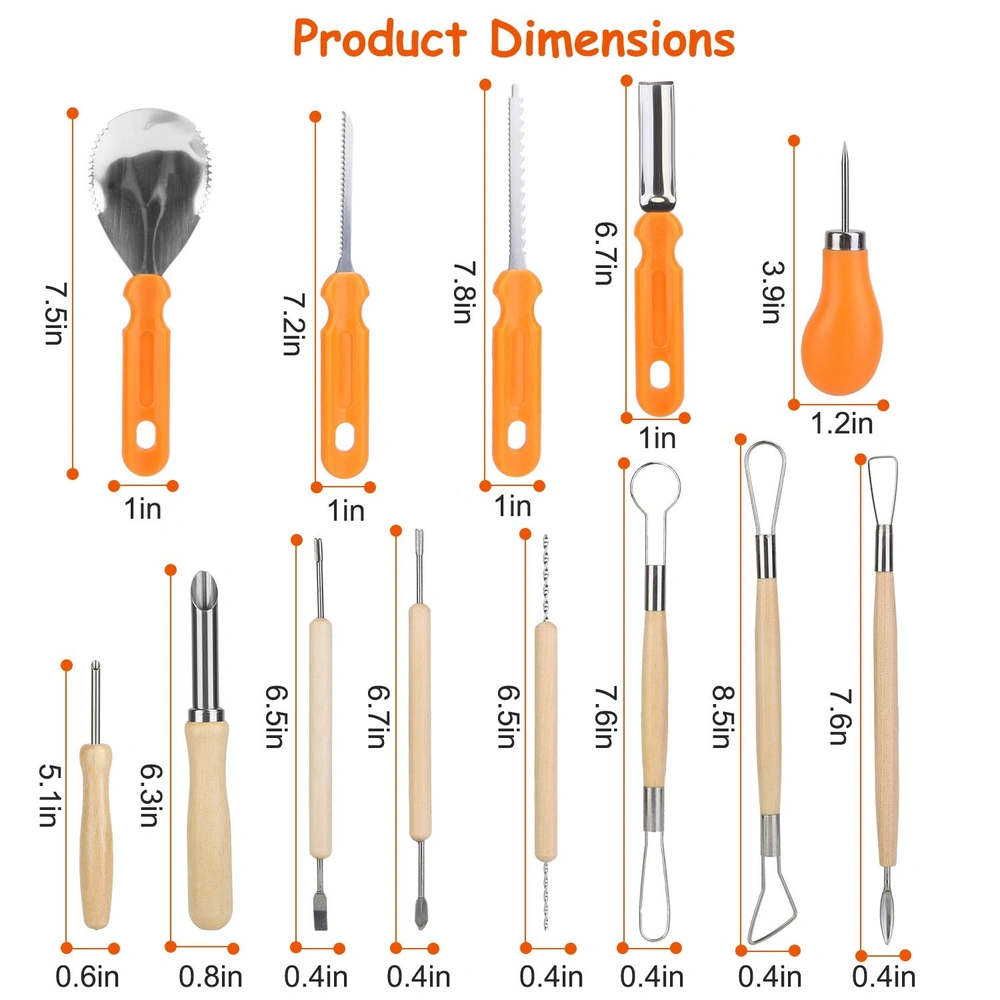 Set of colorful gardening tools with dimensions, including a trowel, rake, and various small hand tools, displayed with labeled measurements for easy reference.