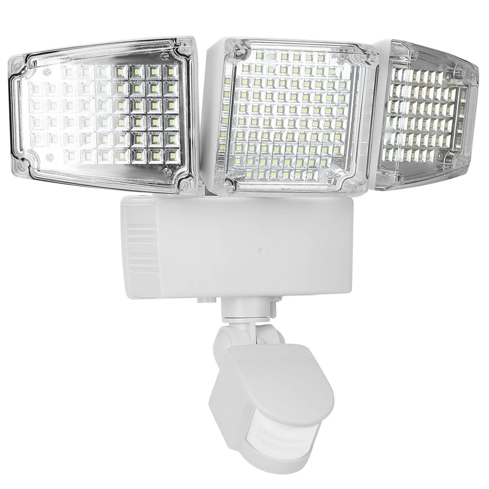 LED security floodlight with three adjustable lights and motion sensor, ideal for outdoor lighting and enhanced safety.