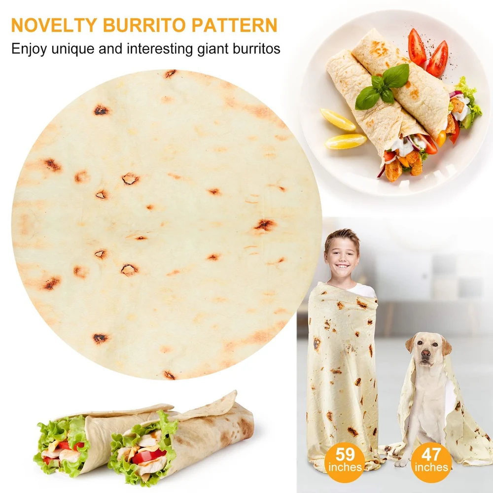 Novelty burrito blanket with a fun tortilla design, featuring a person and a dog both wrapped in the blanket, alongside two fresh burritos and a delicious plate of food, measuring 59 inches for adults and 47 inches for pets.