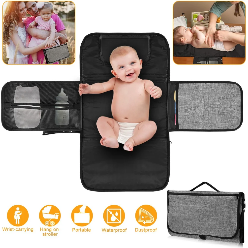 Portable baby changing mat with waterproof and dustproof features, featuring multiple compartments for baby essentials, shown with a baby in a diaper. Ideal for parents on-the-go, designed for wrist-carrying or hanging on a stroller.