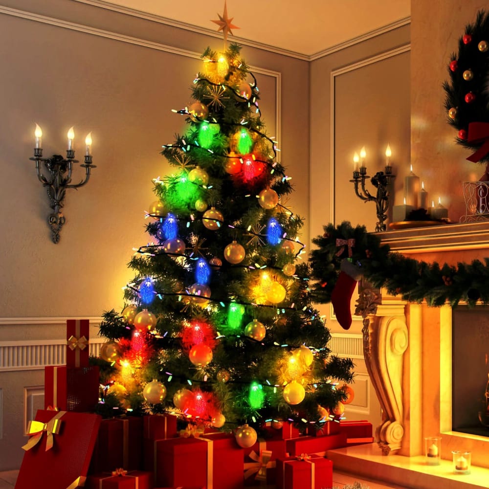 Colorful Christmas tree adorned with lights and ornaments, surrounded by neatly wrapped presents in a cozy holiday setting with a fireplace and wall sconces.