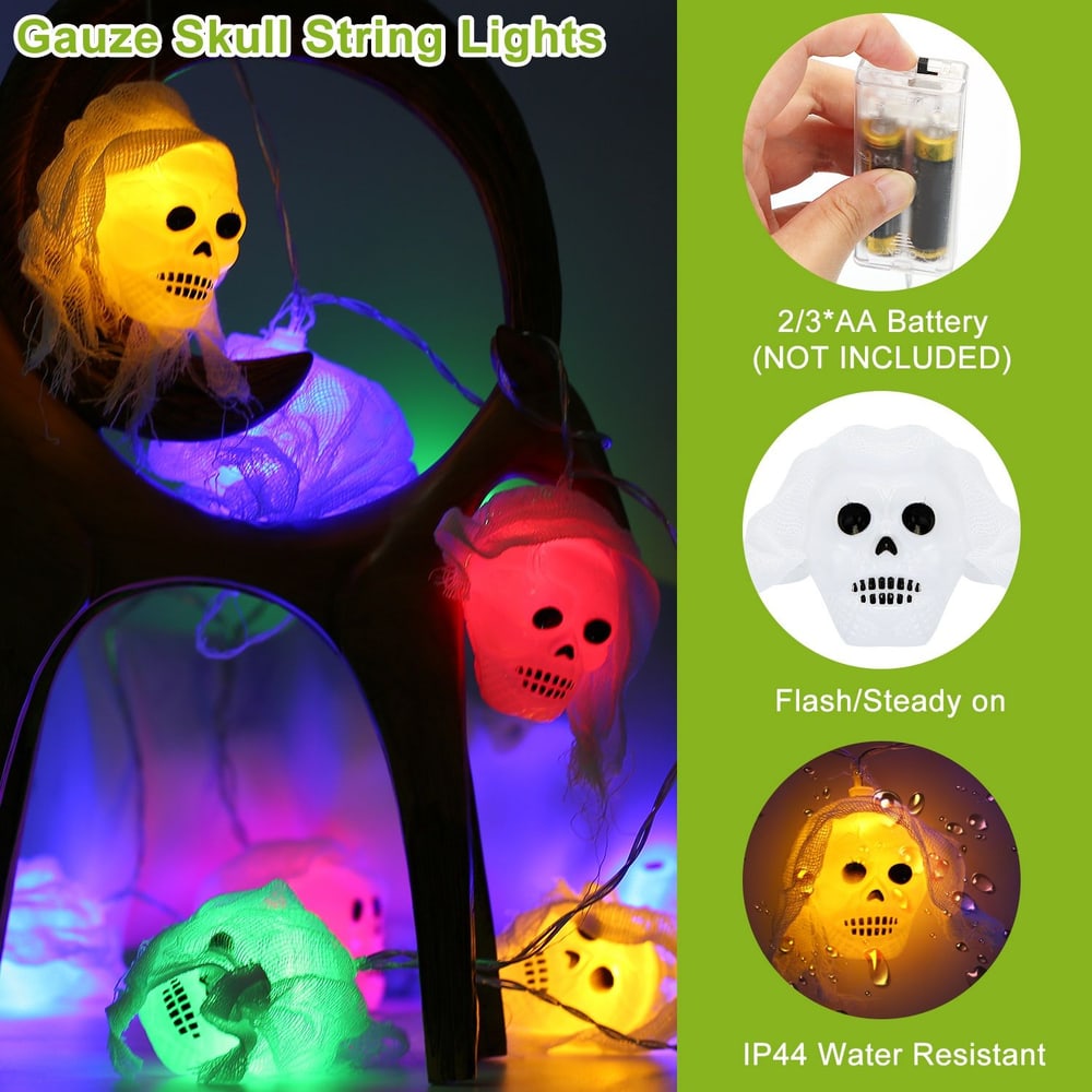 Gauze skull string lights with colorful LED illumination, showcasing black-eyed skulls in orange, green, and blue hues, ideal for Halloween decorations; powered by 2/3 AA batteries (not included) and features an IP44 water-resistant rating.