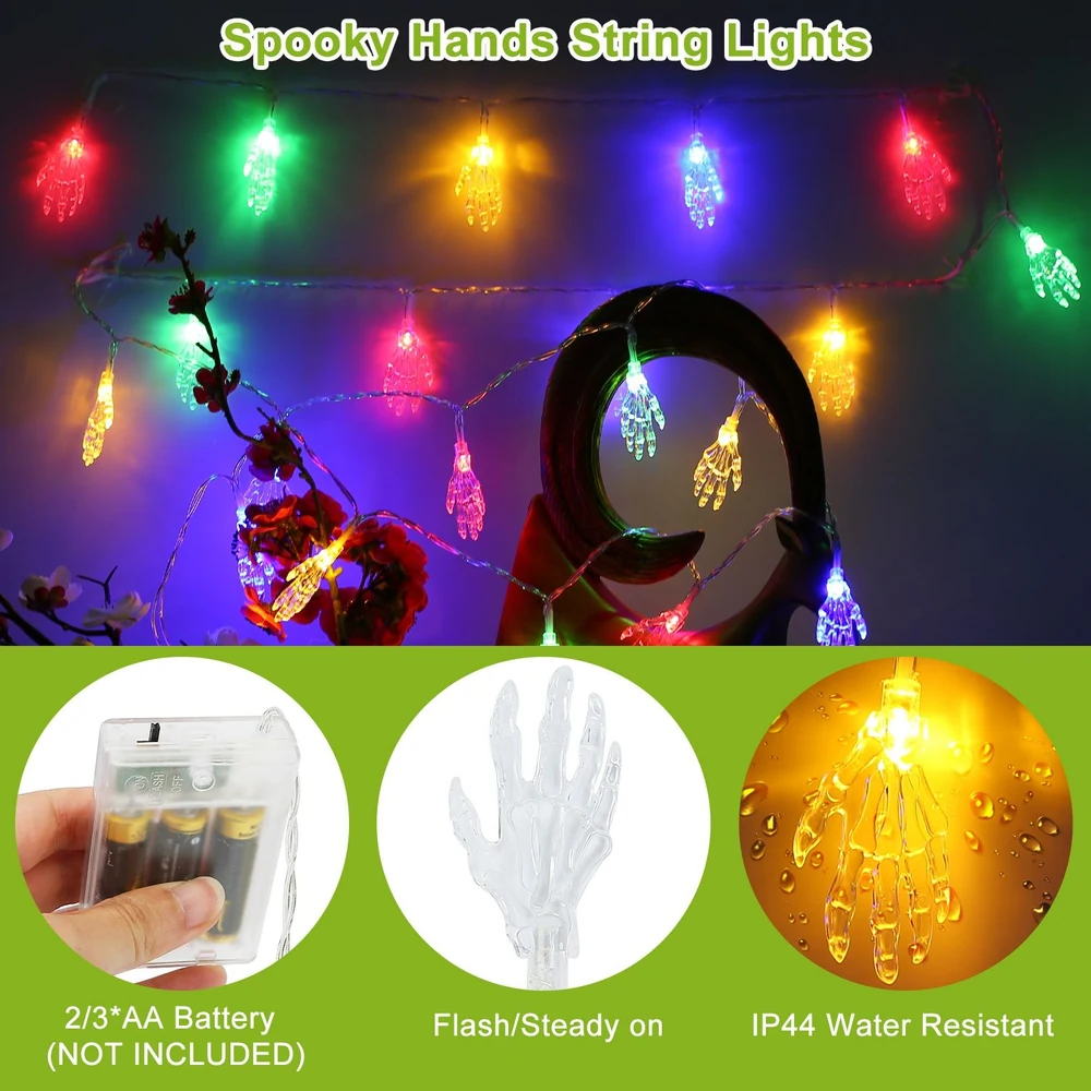 Colorful spooky hands string lights with battery-powered operation, featuring flash and steady modes, ideal for Halloween decor.