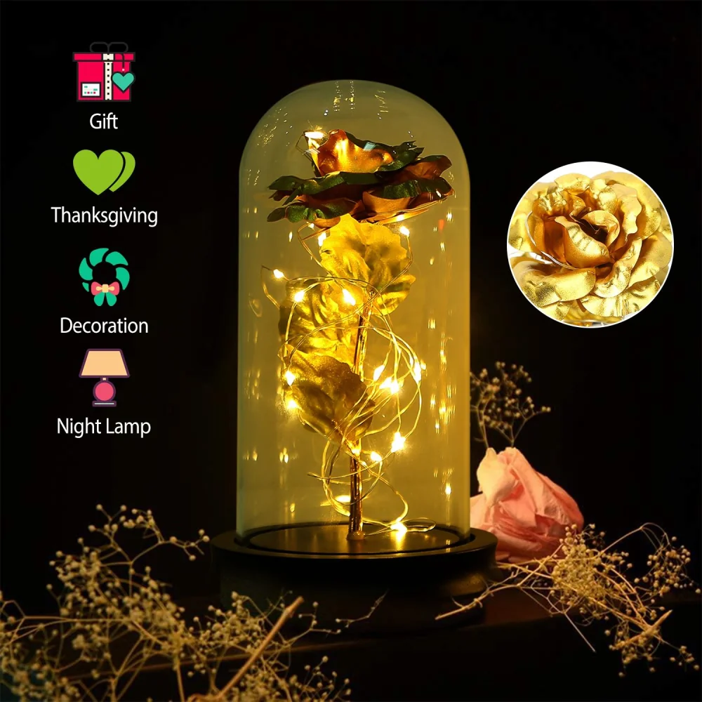 Stylish gold rose night lamp in a glass dome with fairy lights, perfect for gifts, home decoration, and Thanksgiving celebrations.